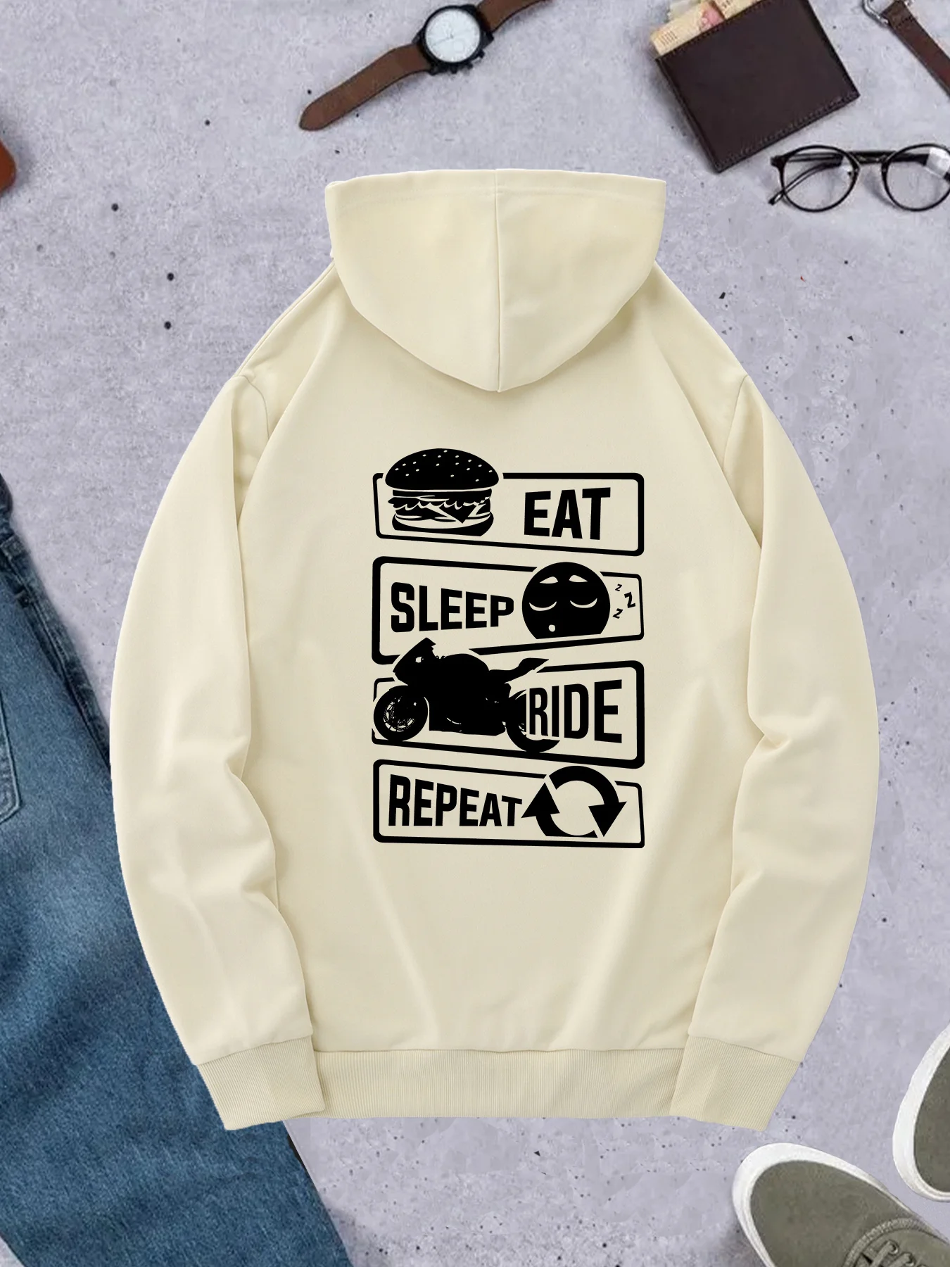 Korean Men Lifestyle - เสื้อฮู้ดผู้ชายสไตล์เกาหลี ลายการ์ตูนมอเตอร์ไซค์ แนวชีวิต Eat Sleep Ride